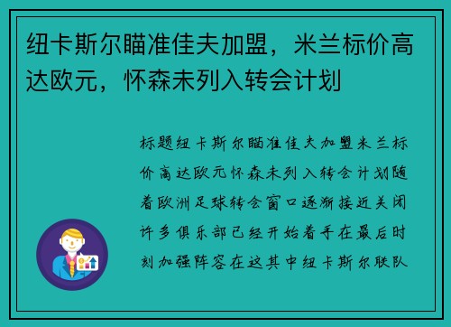 纽卡斯尔瞄准佳夫加盟，米兰标价高达欧元，怀森未列入转会计划