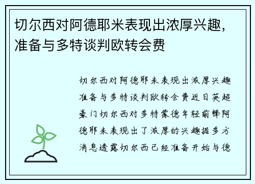 切尔西对阿德耶米表现出浓厚兴趣，准备与多特谈判欧转会费