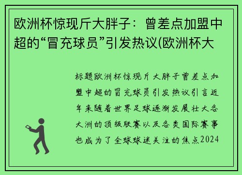 欧洲杯惊现斤大胖子：曾差点加盟中超的“冒充球员”引发热议(欧洲杯大2)