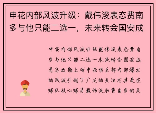申花内部风波升级：戴伟浚表态费南多与他只能二选一，未来转会国安成悬念