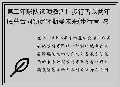 第二年球队选项激活！步行者以两年底薪合同锁定怀斯曼未来(步行者 球员)